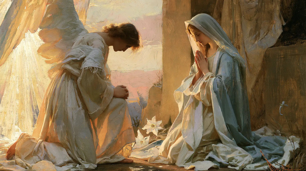 the Annunciation at dawn in The Annunciation at Dawn style, landscape Christian artwork no. 8