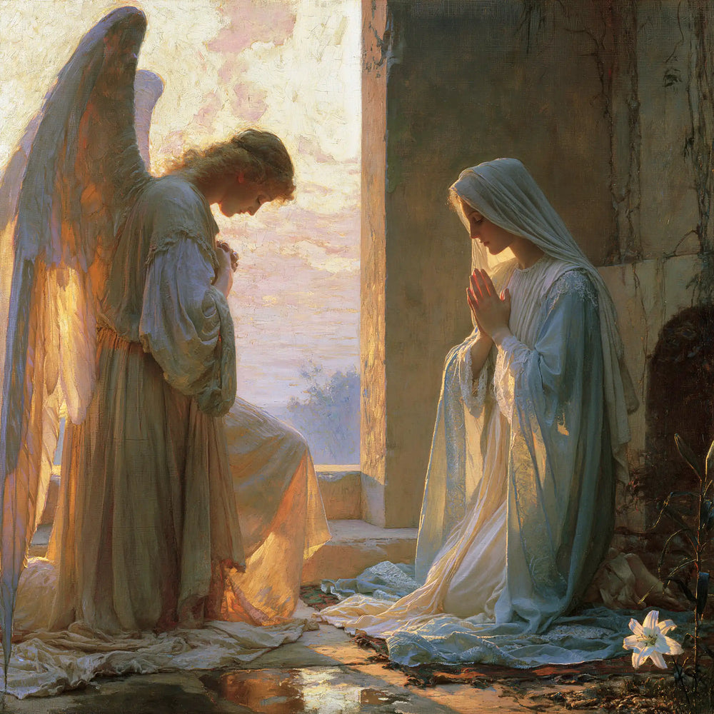 the Annunciation at dawn in The Annunciation at Dawn style, square Christian artwork no. 1