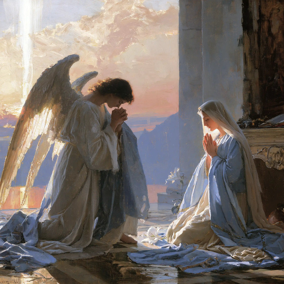 the Annunciation at dawn in The Annunciation at Dawn style, square Christian artwork no. 8