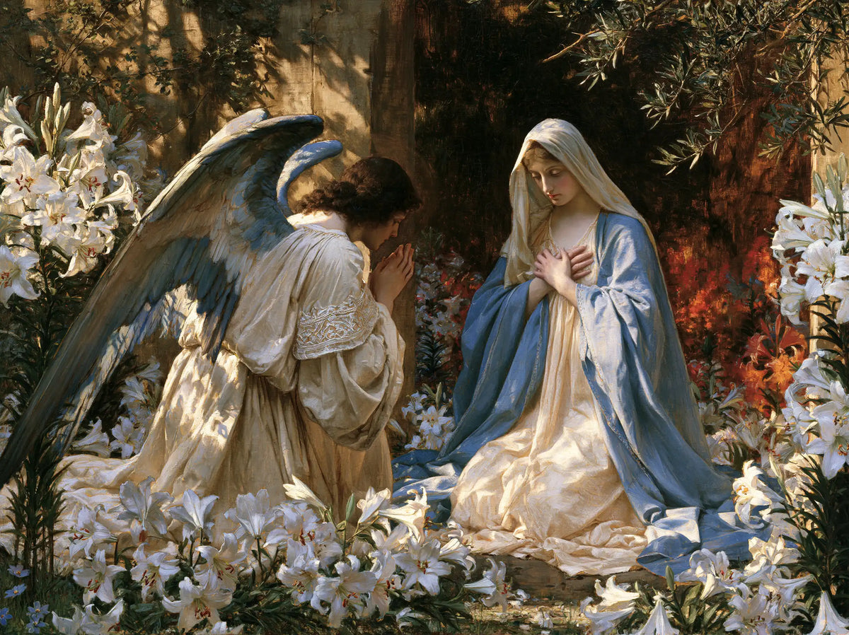 the Annunciation in a garden in The Annunciation in the Garden style, landscape Christian artwork no. 11