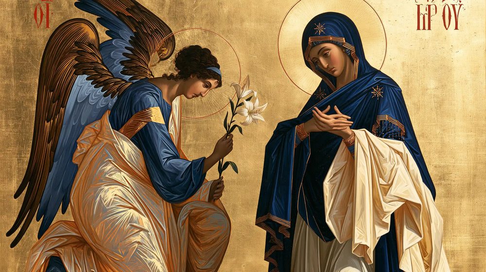the Annunciation in a contemporary Byzantine icon in Contemporary Byzantine style, landscape Christian artwork no. 6