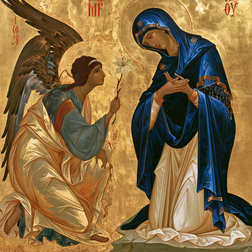 the Annunciation in a contemporary Byzantine icon in Contemporary Byzantine style, square Christian artwork no. 6