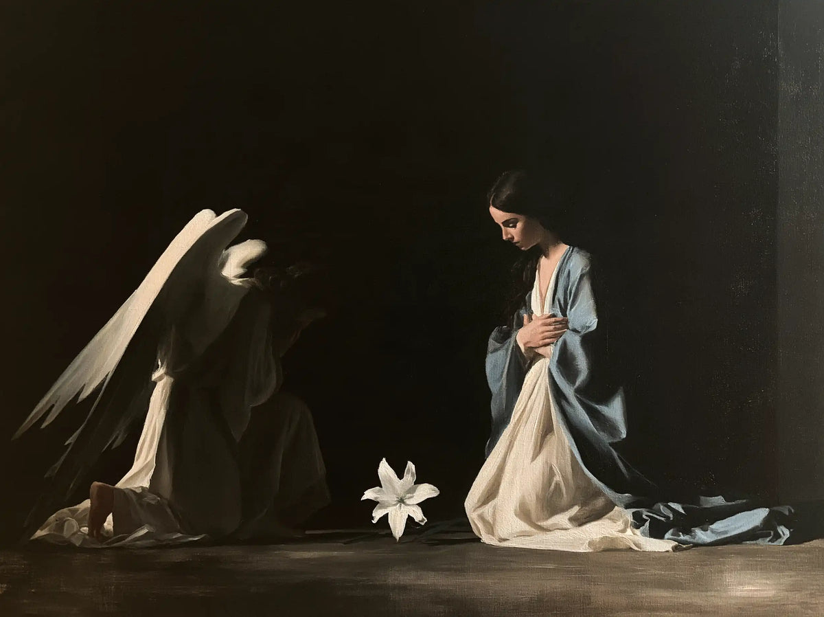 the Annunciation in a minimalist composition in Contemporary Minimalism style, landscape Christian artwork no. 2