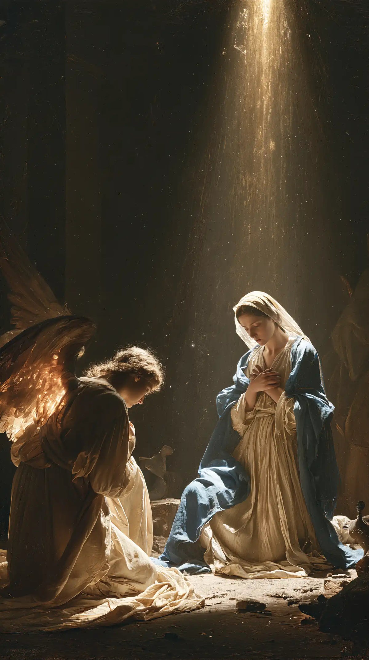 divine light descending upon Mary at the Annunciation in Divine Light Descending upon Mary style, portrait Christian artwork no. 1
