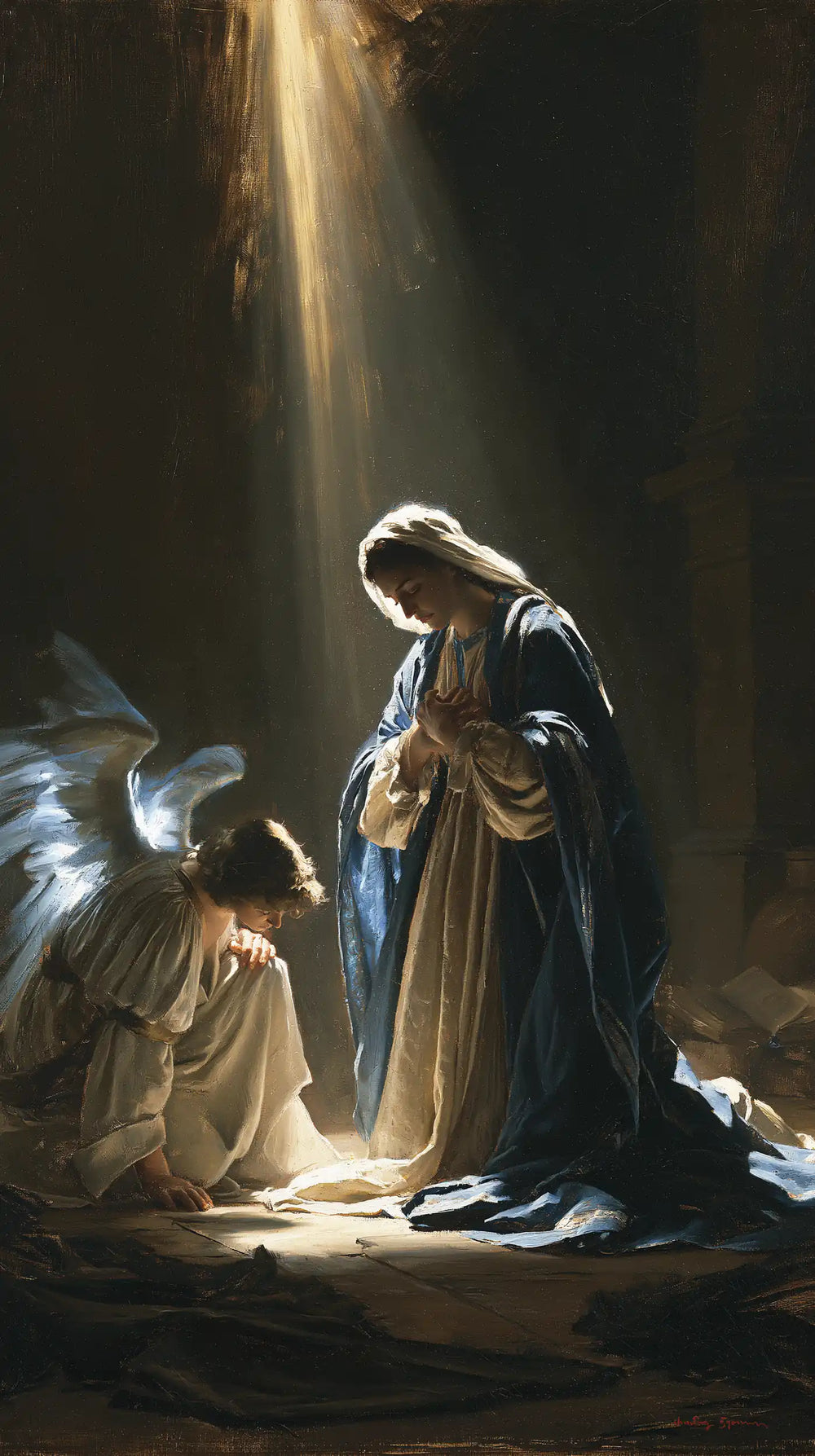 divine light descending upon Mary at the Annunciation in Divine Light Descending upon Mary style, portrait Christian artwork no. 7