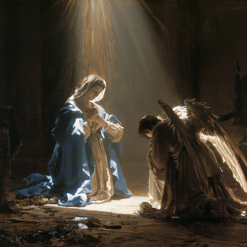divine light descending upon Mary at the Annunciation in Divine Light Descending upon Mary style, square Christian artwork no. 1