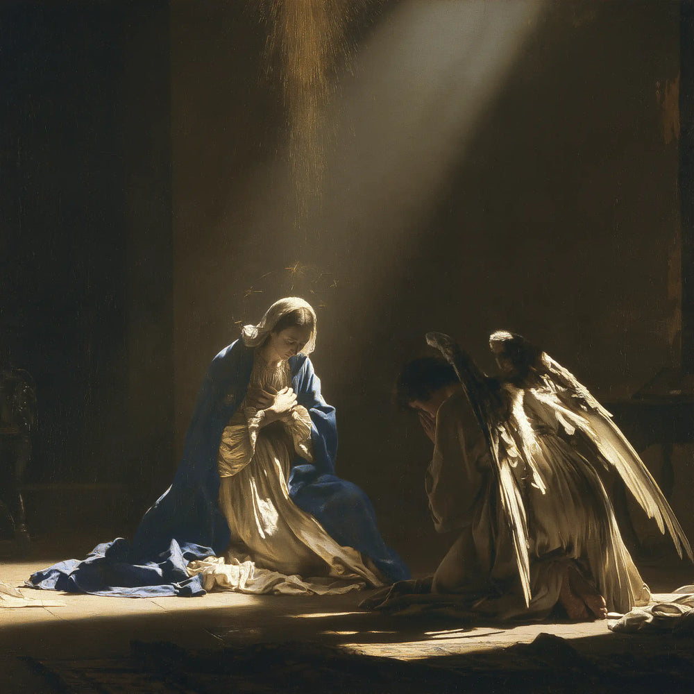divine light descending upon Mary at the Annunciation in Divine Light Descending upon Mary style, square Christian artwork no. 5