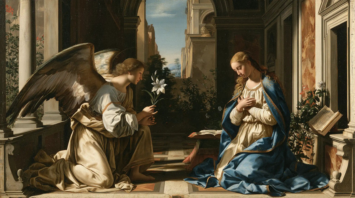 the Annunciation in Florentine Renaissance style in Florentine Renaissance style, landscape Christian artwork no. 15