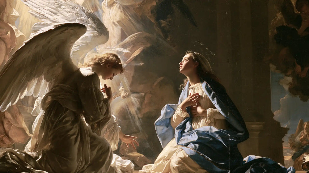 Gabriel in radiant light at the Annunciation in Gabriel in Radiant Light style, landscape Christian artwork no. 4