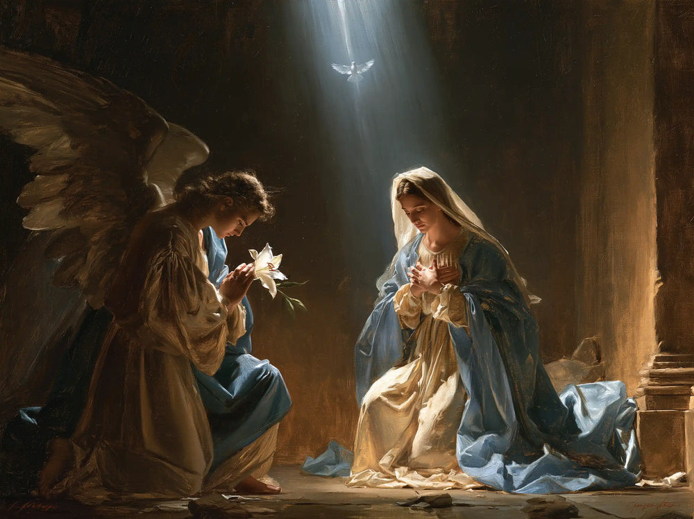 the Annunciation with the Holy Spirit in The Holy Spirit style, landscape Christian artwork no. 1