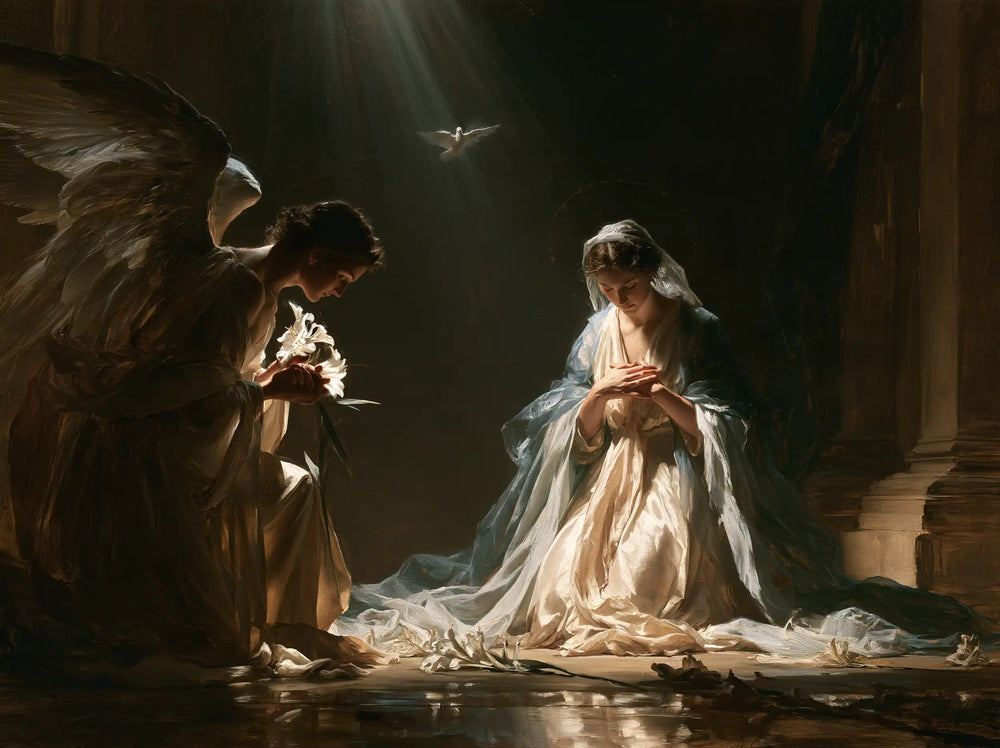 the Annunciation with the Holy Spirit in The Holy Spirit style, landscape Christian artwork no. 5