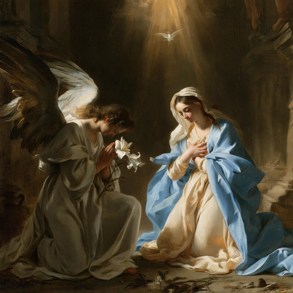 the Annunciation with the Holy Spirit in The Holy Spirit style, square Christian artwork no. 1