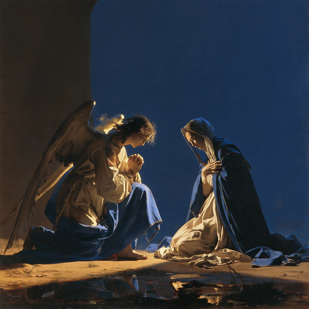 the Annunciation in midnight-blue chiaroscuro in Midnight Blue Chiaroscuro style, square Christian artwork no. 3