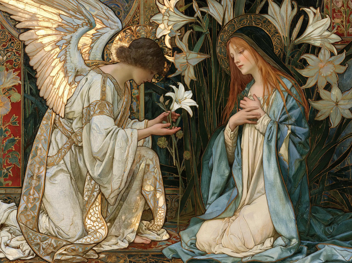 the Annunciation framed by sacred Art Nouveau ornament in Sacred Art Nouveau style, landscape Christian artwork no. 2