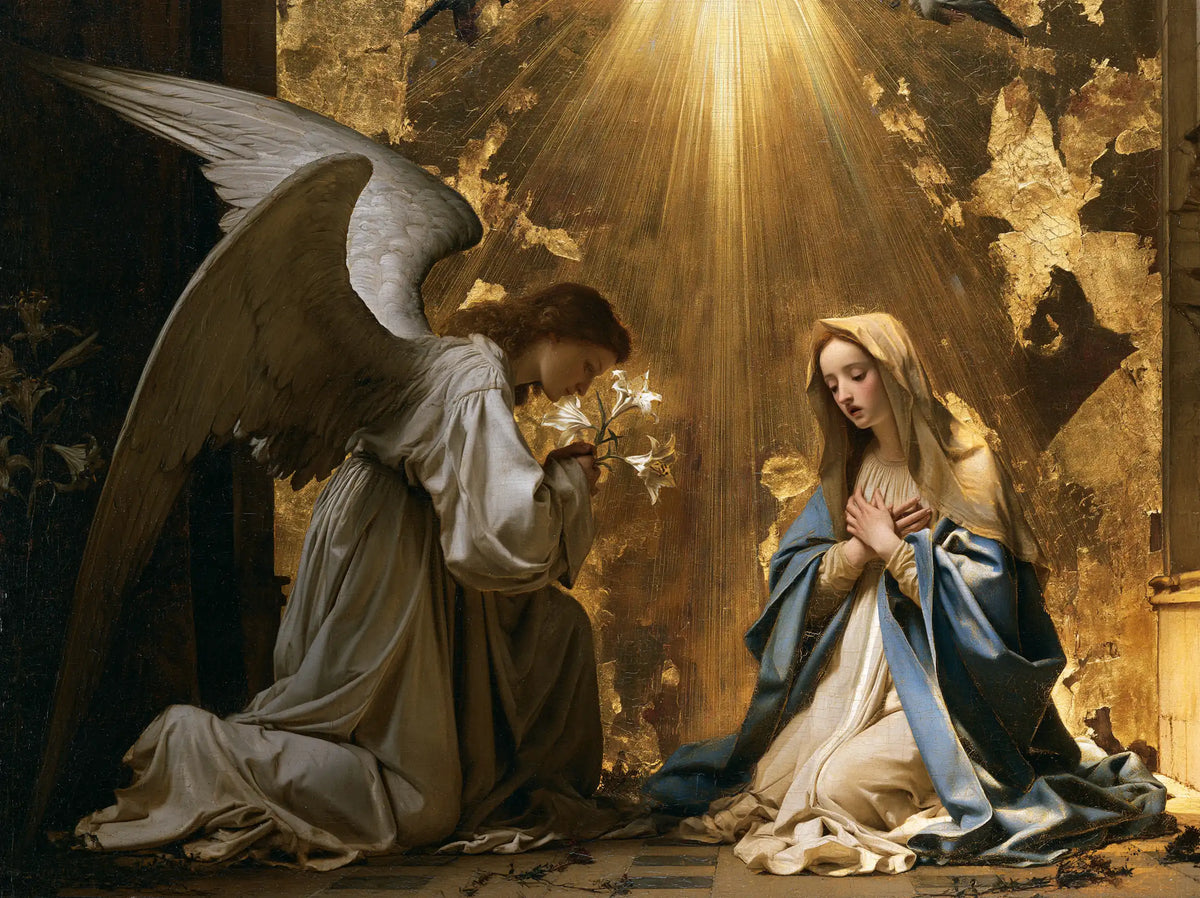 the Annunciation in sacred golden light in Sacred Gold style, landscape Christian artwork no. 3
