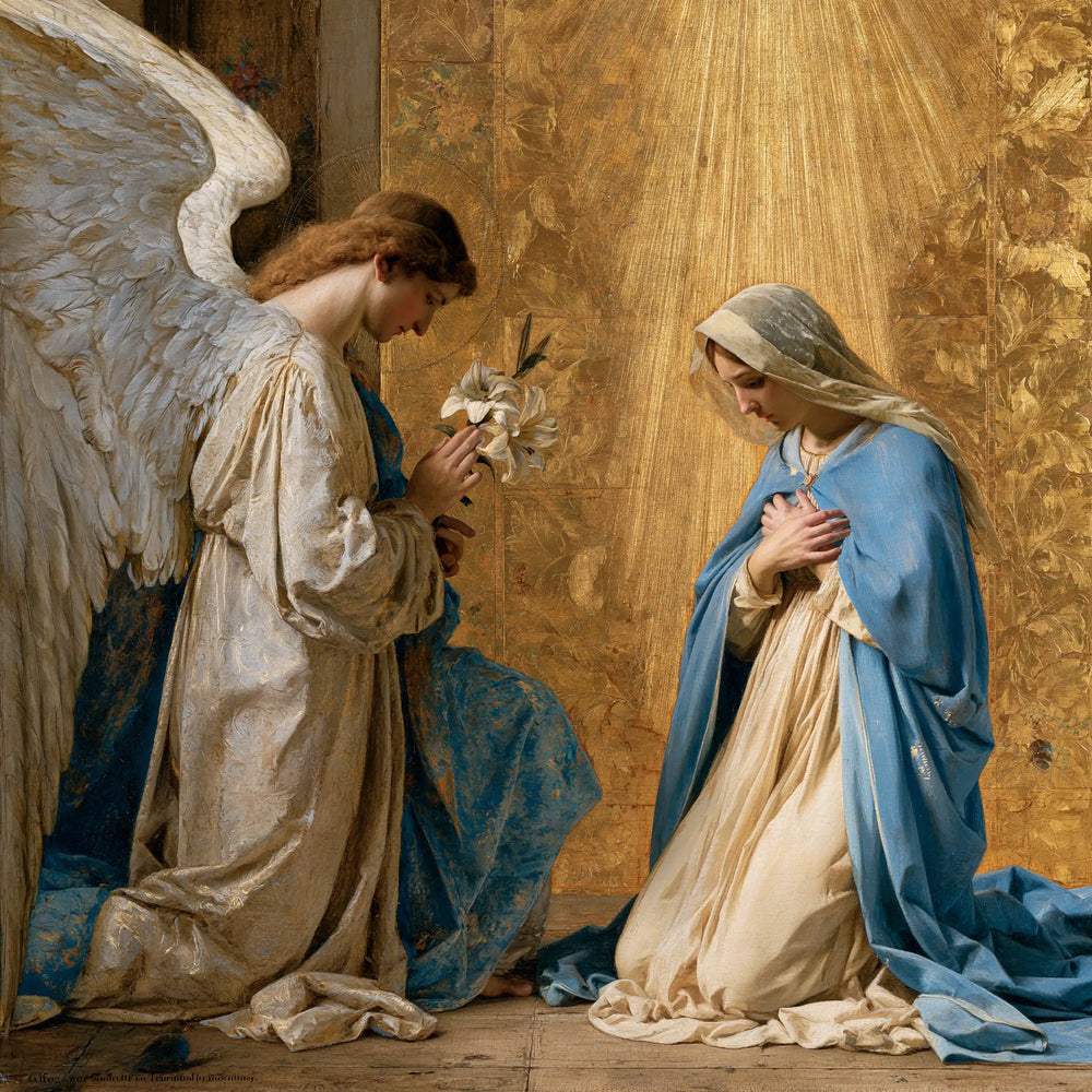 the Annunciation in sacred golden light in Sacred Gold style, square Christian artwork no. 1
