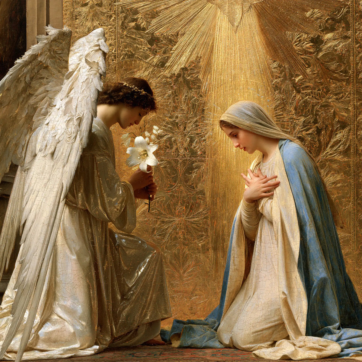 the Annunciation in sacred golden light in Sacred Gold style, square Christian artwork no. 3