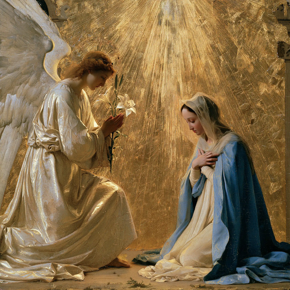 the Annunciation in sacred golden light in Sacred Gold style, square Christian artwork no. 5