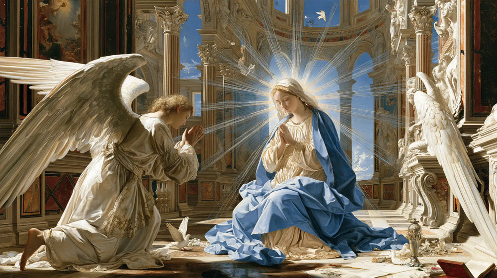 the Annunciation in a monumental sacred view in Sacred Monumental View style, landscape Christian artwork no. 7