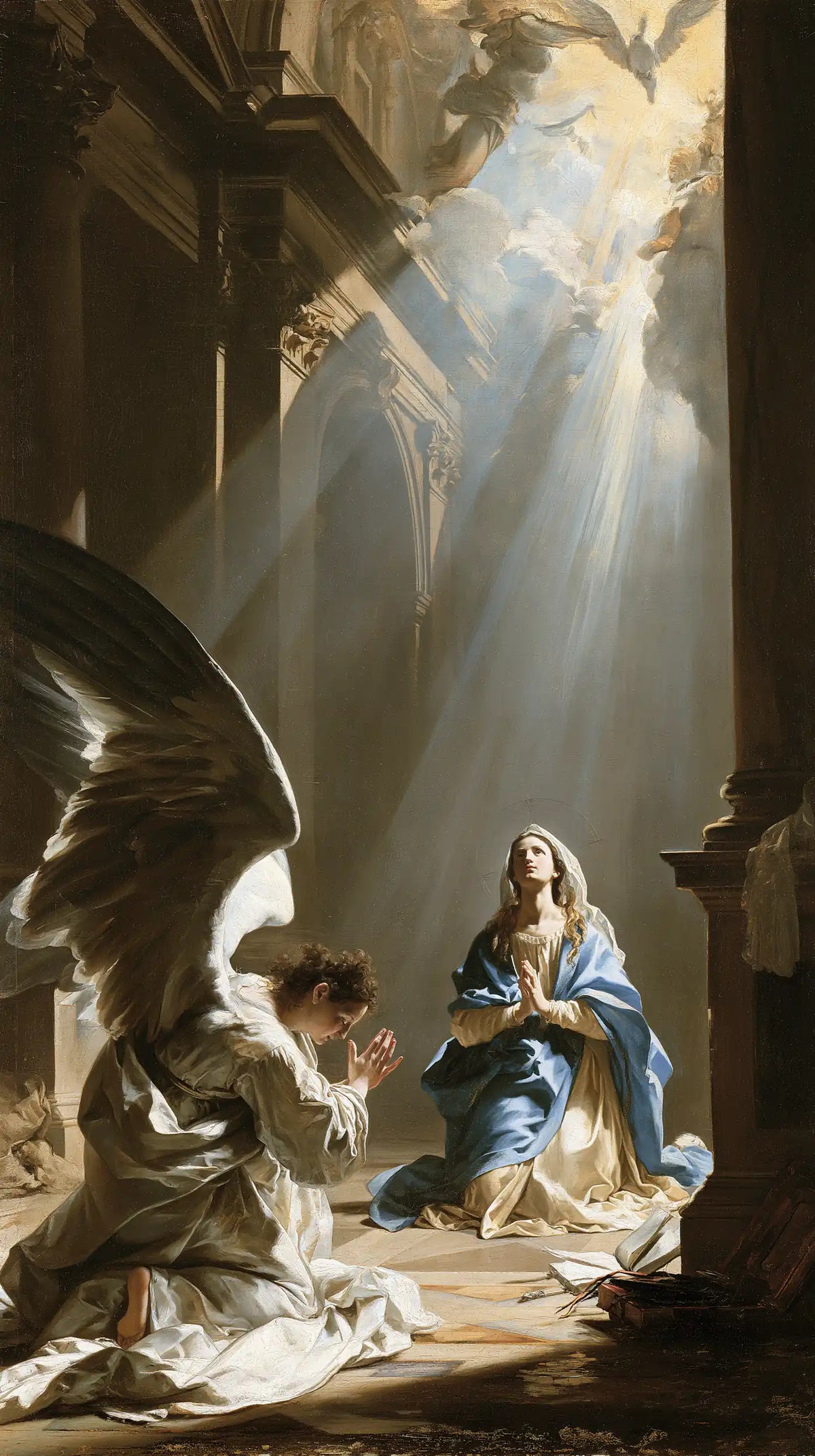 the Annunciation in a monumental sacred view in Sacred Monumental View style, portrait Christian artwork no. 5