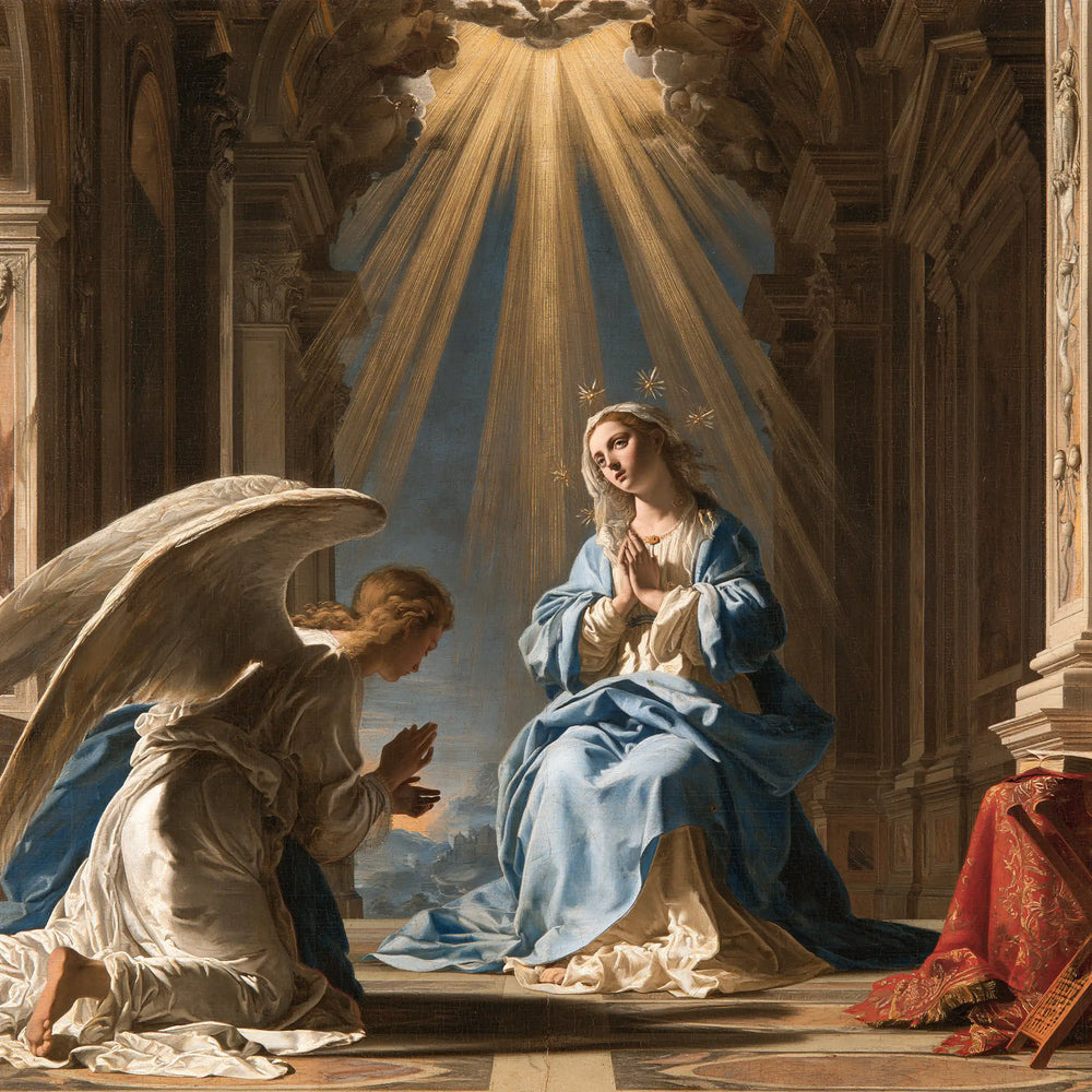 the Annunciation in a monumental sacred view in Sacred Monumental View style, square Christian artwork no. 3