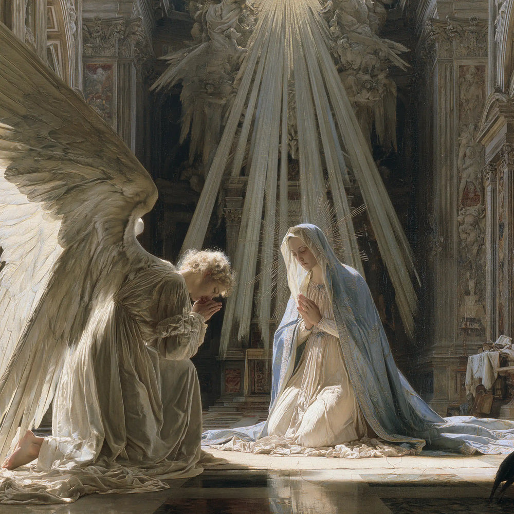 the Annunciation in a monumental sacred view in Sacred Monumental View style, square Christian artwork no. 4