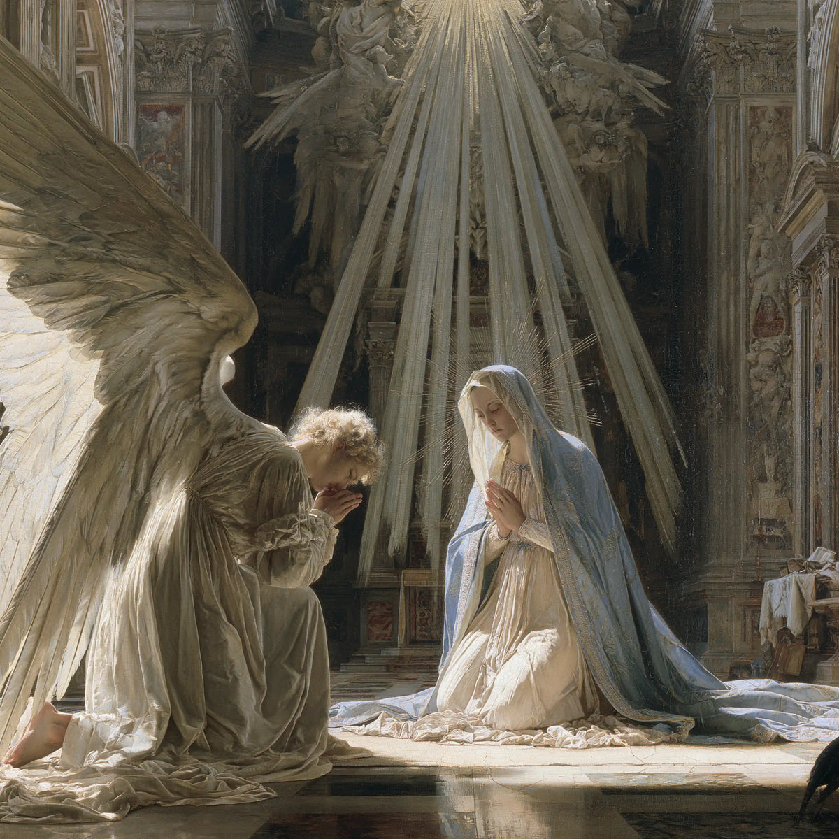 the Annunciation in a monumental sacred view in Sacred Monumental View style, square Christian artwork no. 4