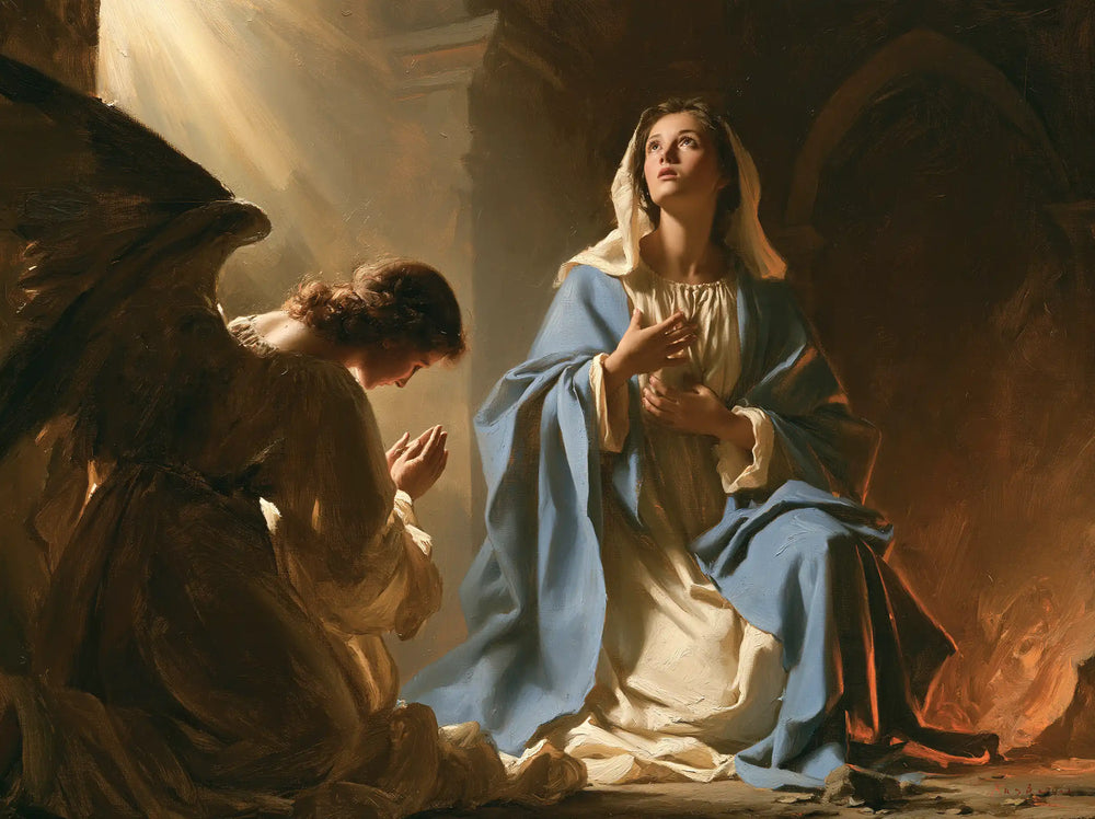 Mary receiving Gabriel's message in sacred surprise in Sacred Surprise style, landscape Christian artwork no. 1