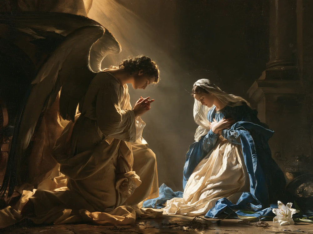 Mary in contemplative silence at the Annunciation in The Silence of Mary style, landscape Christian artwork no. 3