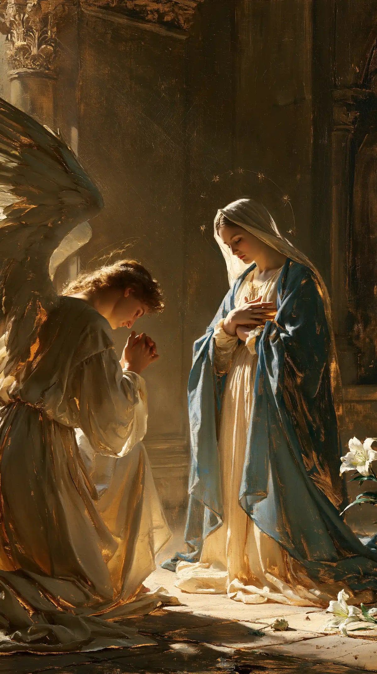 Mary in contemplative silence at the Annunciation in The Silence of Mary style, portrait Christian artwork no. 5