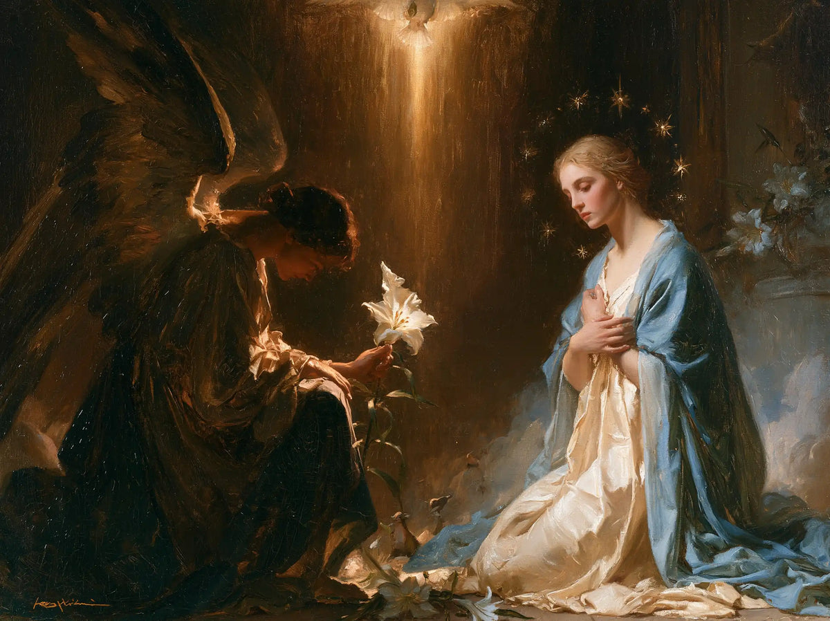 the Annunciation in a symbolist composition in Symbolist style, landscape Christian artwork no. 4