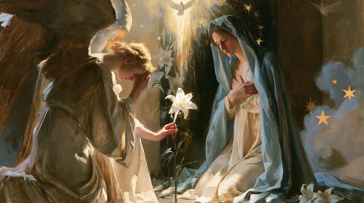 the Annunciation in a symbolist composition in Symbolist style, landscape Christian artwork no. 8