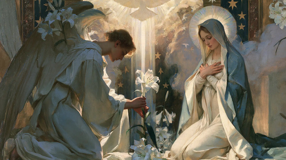 the Annunciation in a symbolist composition in Symbolist style, landscape Christian artwork no. 11