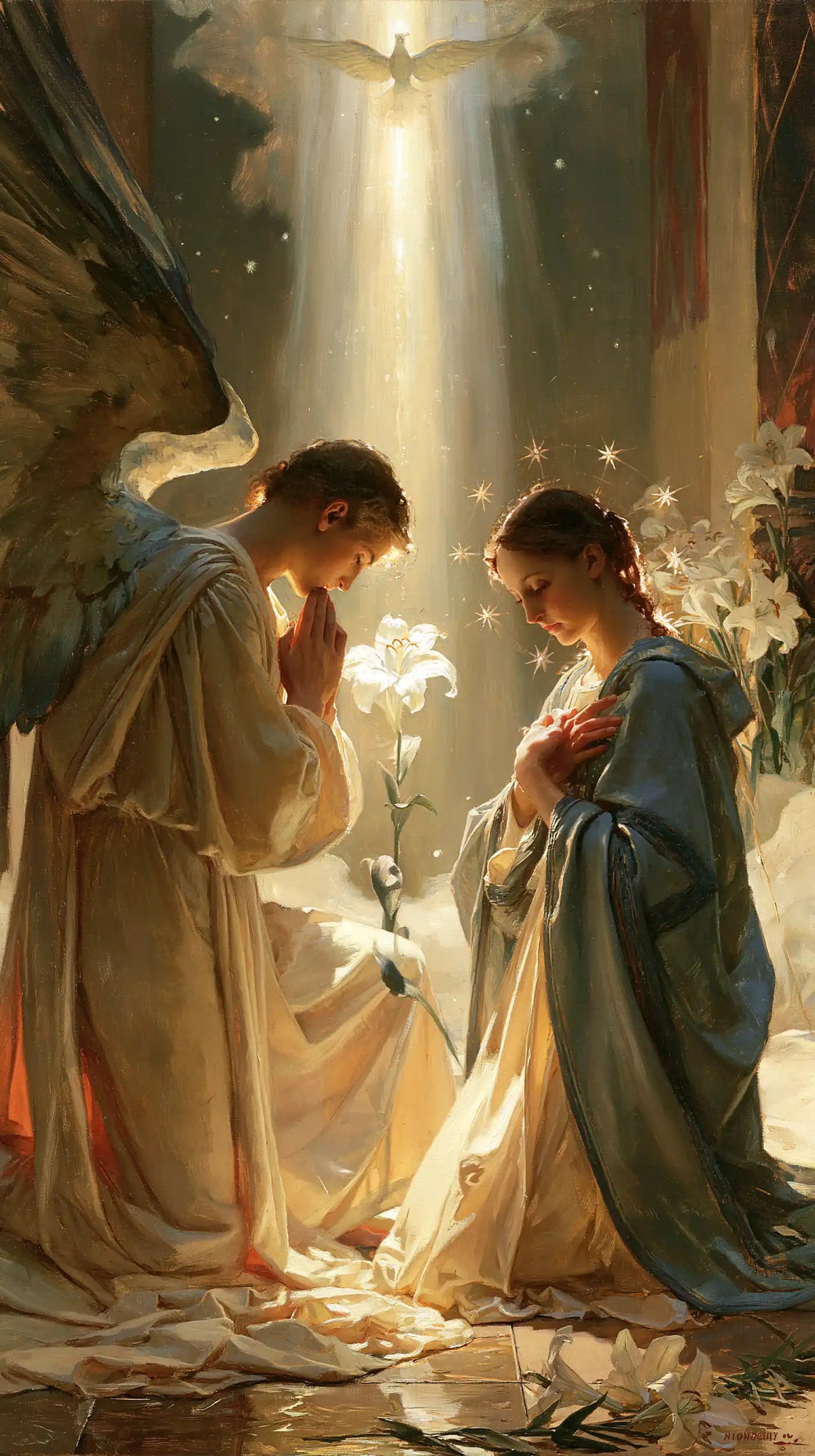 the Annunciation in a symbolist composition in Symbolist style, portrait Christian artwork no. 1