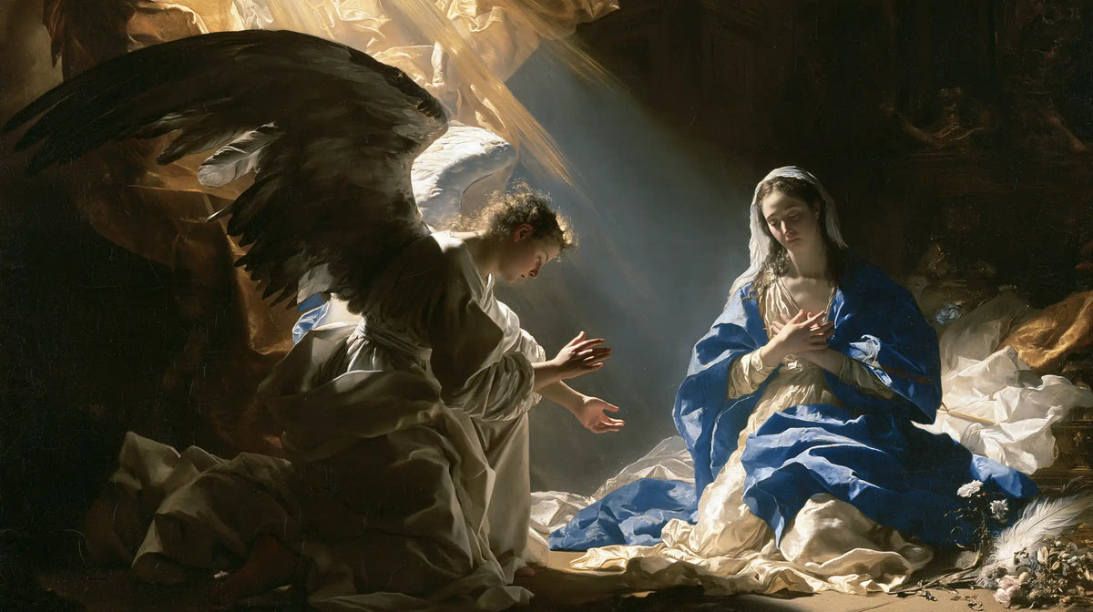 the Annunciation in a theatrical Baroque scene in Theatrical Baroque style, landscape Christian artwork no. 13