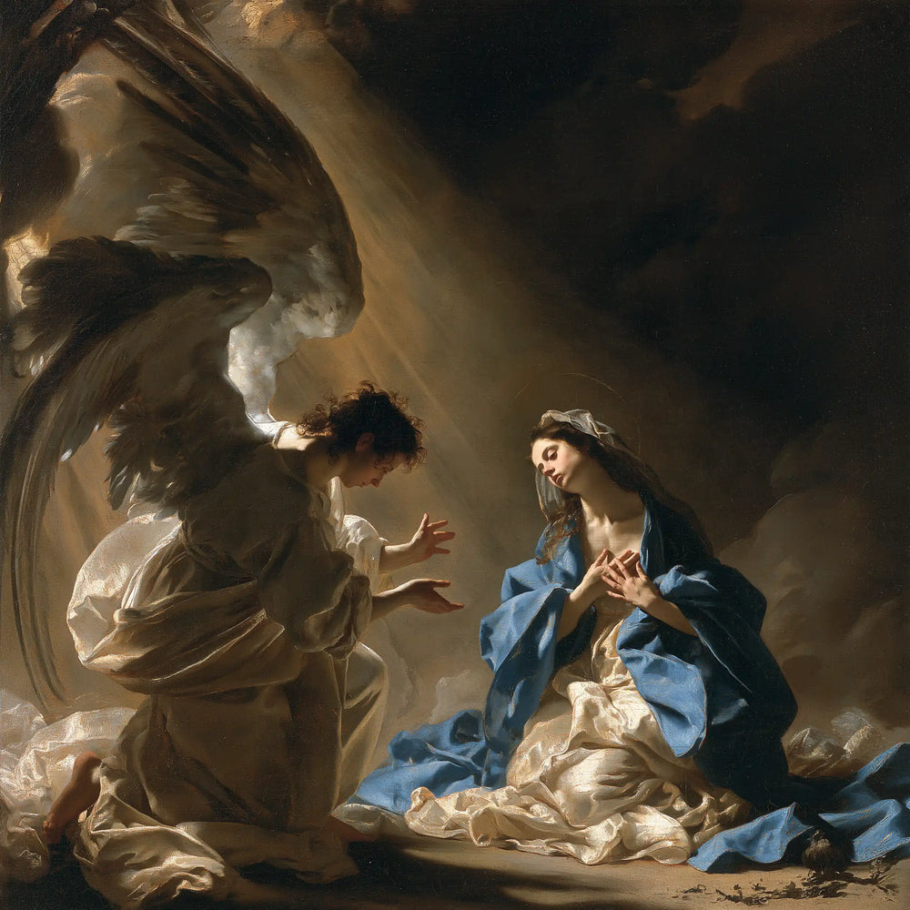 the Annunciation in a theatrical Baroque scene in Theatrical Baroque style, square Christian artwork no. 3