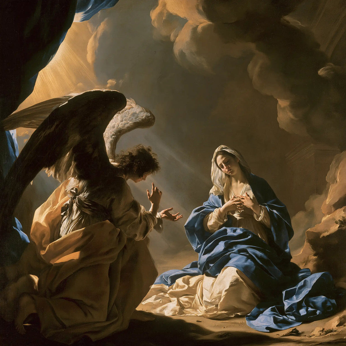 the Annunciation in a theatrical Baroque scene in Theatrical Baroque style, square Christian artwork no. 6