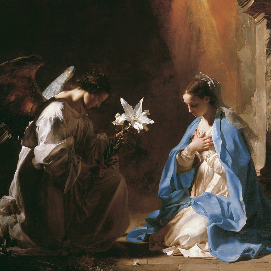 the Annunciation with the white lily as a central symbol in The White Lily as Symbol style, square Christian artwork no. 7