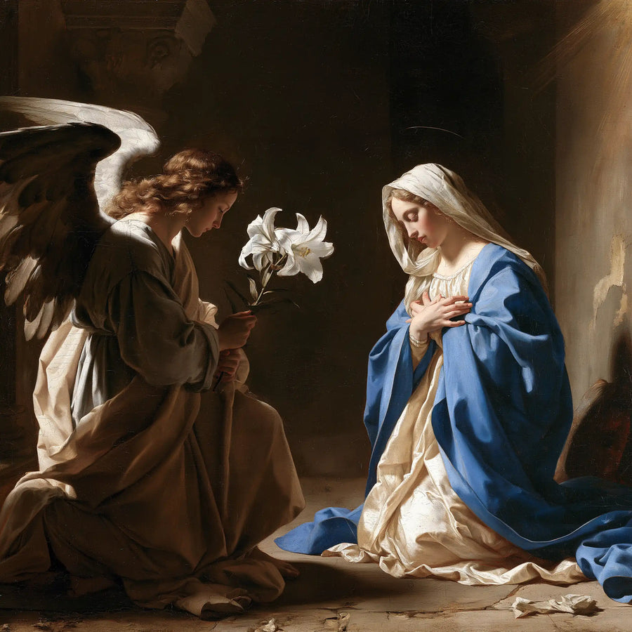 the Annunciation with the white lily as a central symbol in The White Lily as Symbol style, square Christian artwork no. 8