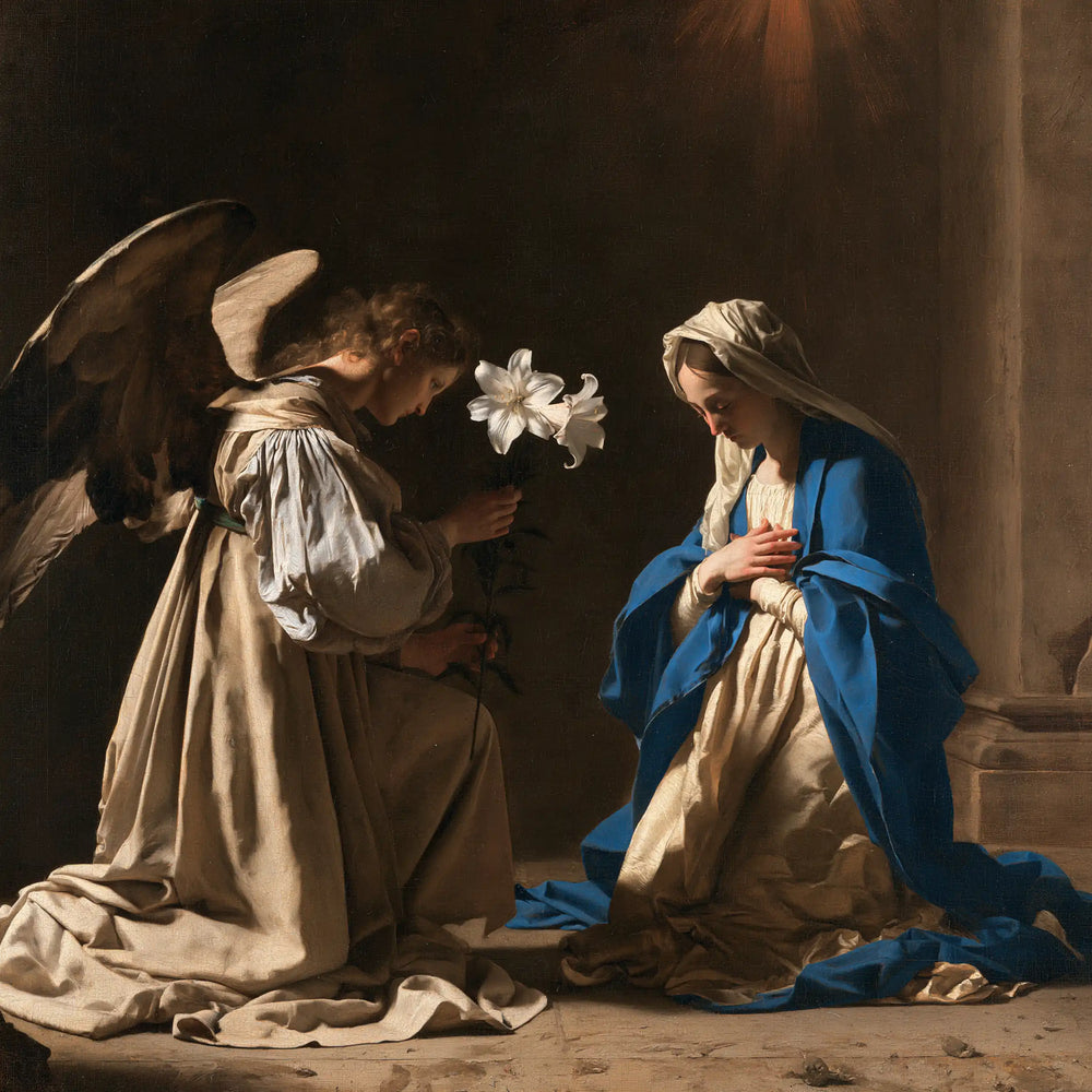 the Annunciation with the white lily as a central symbol in The White Lily as Symbol style, square Christian artwork no. 10