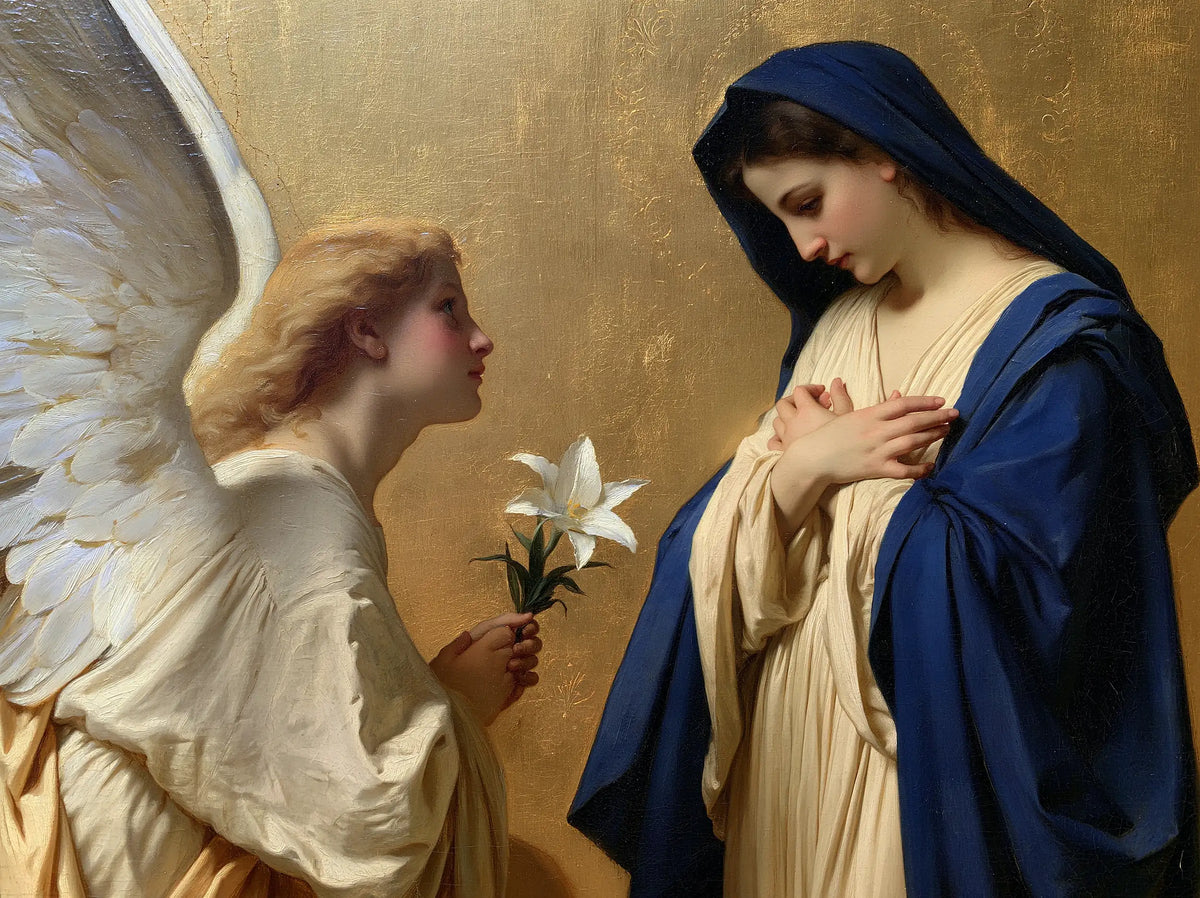 Close Annunciation in Blue and Gold – Bouguereau-Inspired Academic Art · Landscape