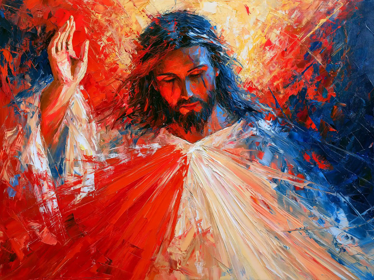 Jesus as Divine Mercy with red and pale rays, expressionist landscape Christian artwork
