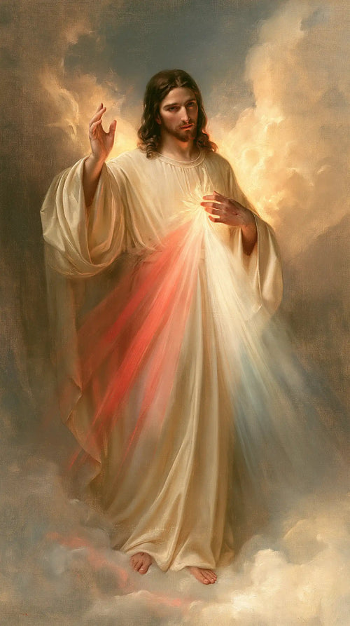 Divine Mercy Jesus appearing upon the clouds in Jesus upon the Clouds style, portrait Christian artwork no. 4