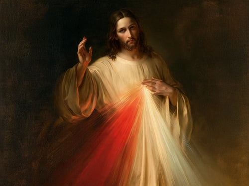 Divine Mercy Jesus with radiant red and pale rays in Rays of Mercy style, landscape Christian artwork no. 1