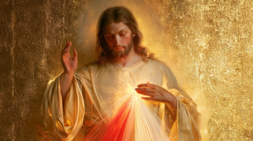 Divine Mercy Jesus in radiant golden light in Sacred Gold style, landscape Christian artwork no. 6