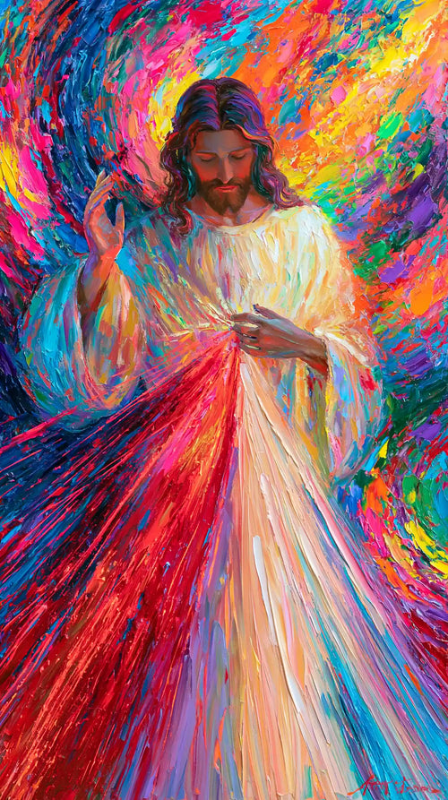 Jesus as Divine Mercy with red and pale rays, ultra-vibrant expressionism portrait Christian artwork