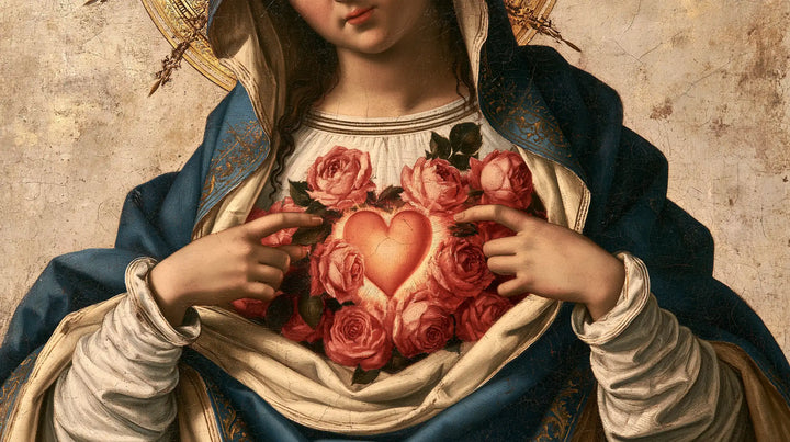 The Immaculate Heart of Mary — Fingers Pointing to the Rose-Wreathed Heart