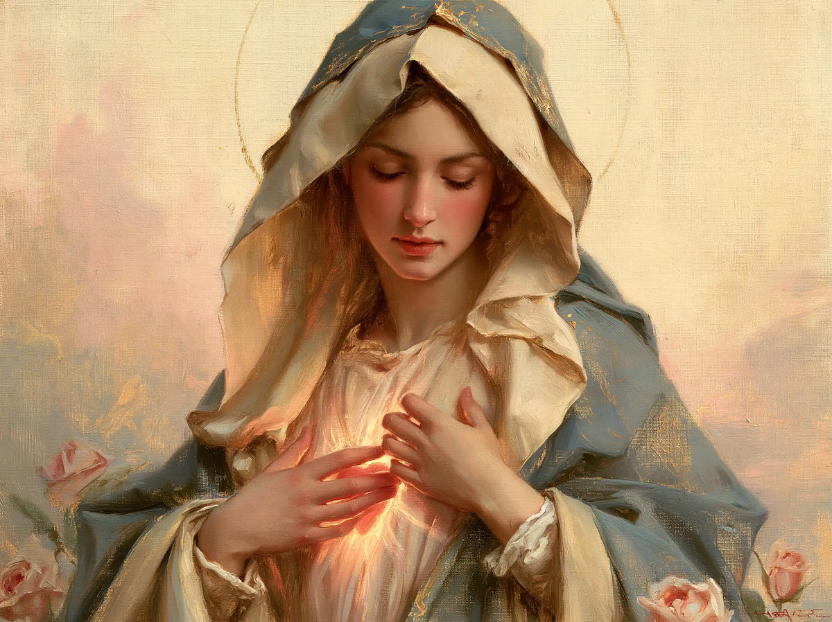 the Immaculate Heart of Mary at dawn in The Immaculate Heart at Dawn style, landscape Christian artwork no. 2