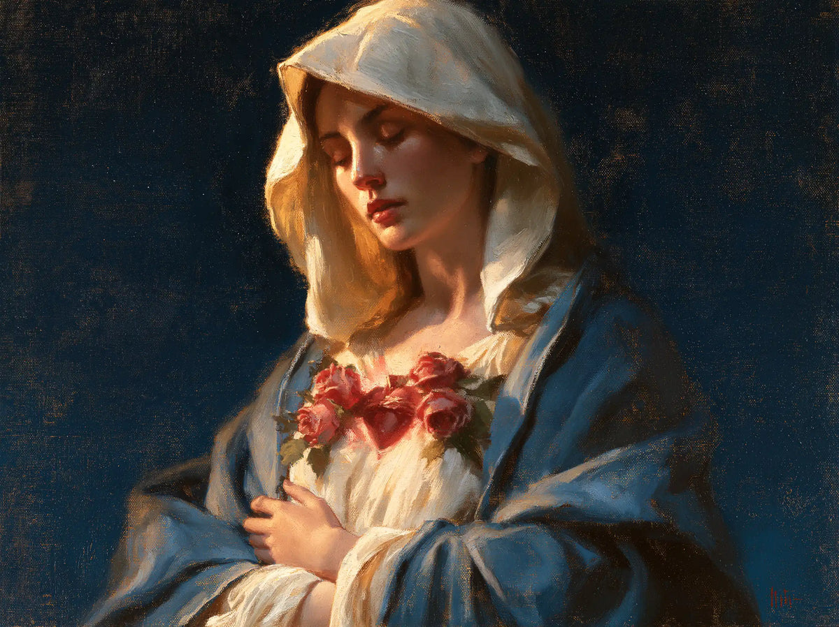 the Immaculate Heart of Mary in midnight-blue chiaroscuro in Midnight Blue Chiaroscuro style, landscape Christian artwork no. 6