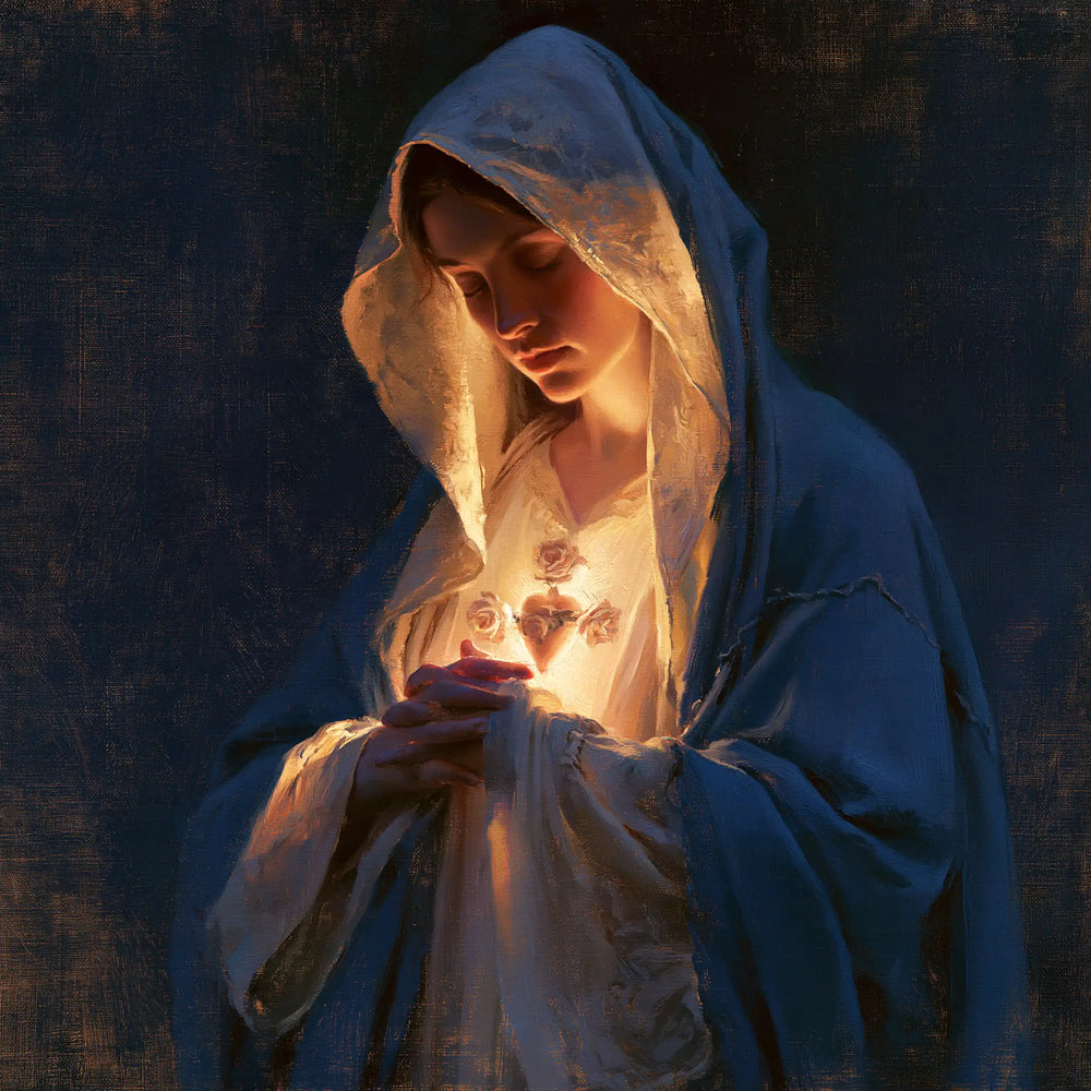 the Immaculate Heart of Mary in midnight-blue chiaroscuro in Midnight Blue Chiaroscuro style, square Christian artwork no. 6